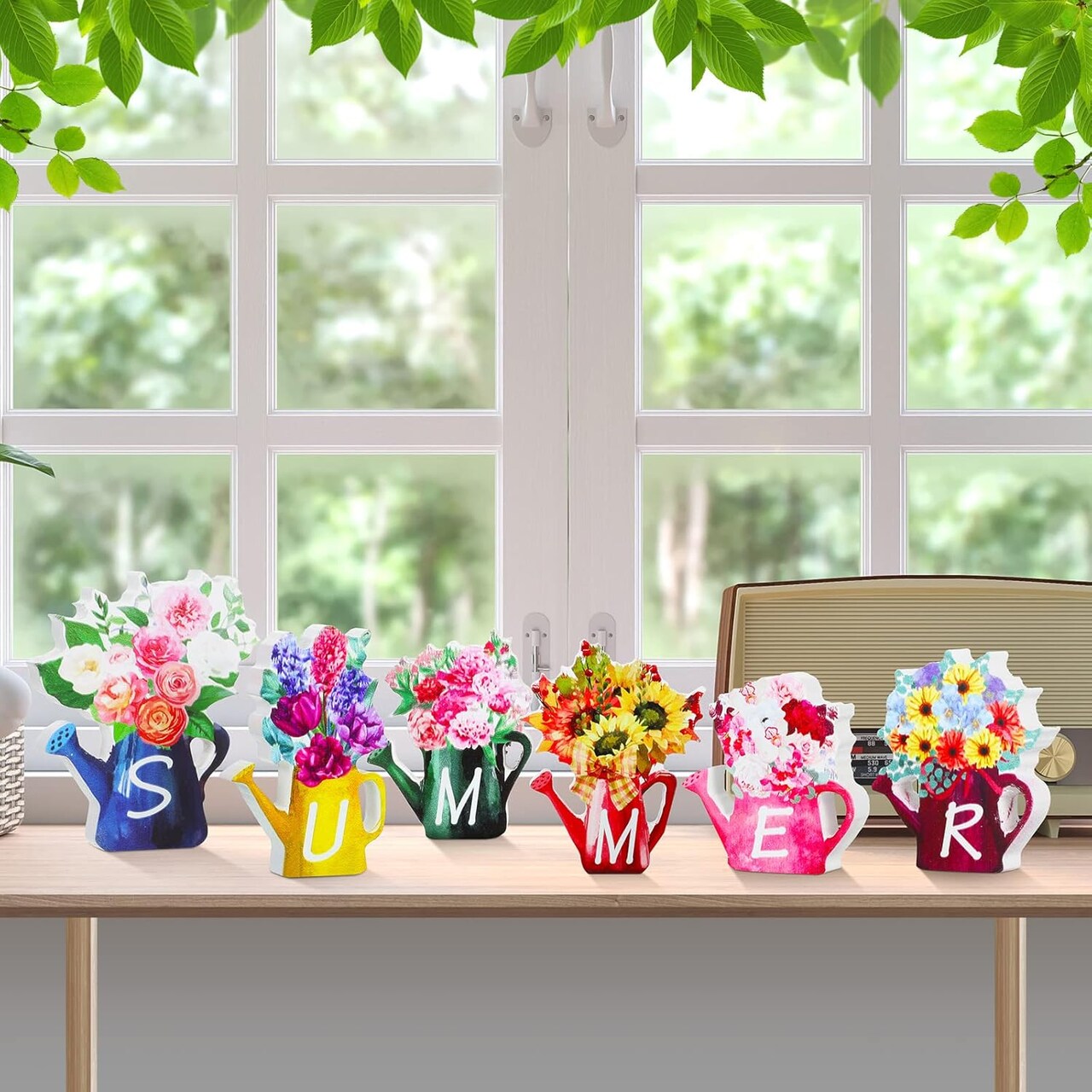 6 Pieces Summer Office Decorations Flower Farmhouse Wooden Summer Tiered Tabletop Set Watering Can Wood Block Signs for Home Indoor Kitchen Work Tabletop Shelf